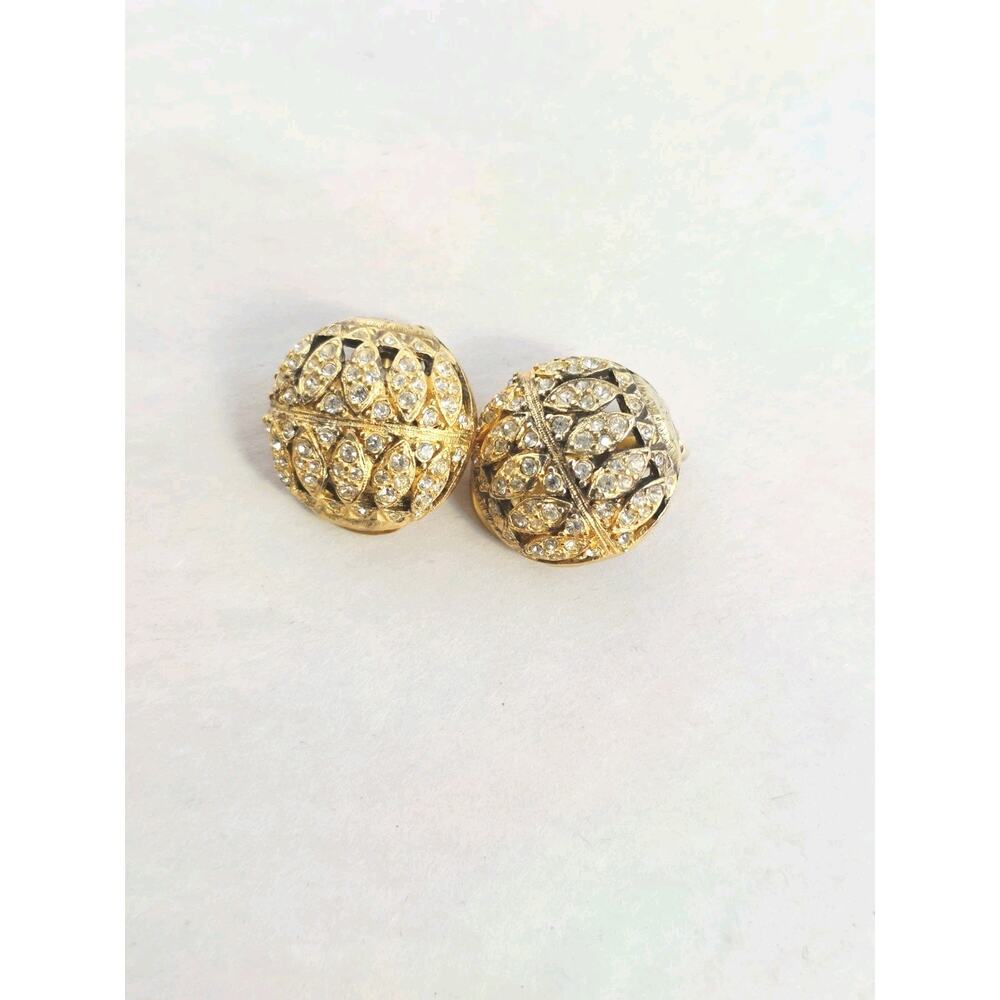VTG Clear Rhinestone Gold Tone Dome Clip on Earrings Button Oldmoney